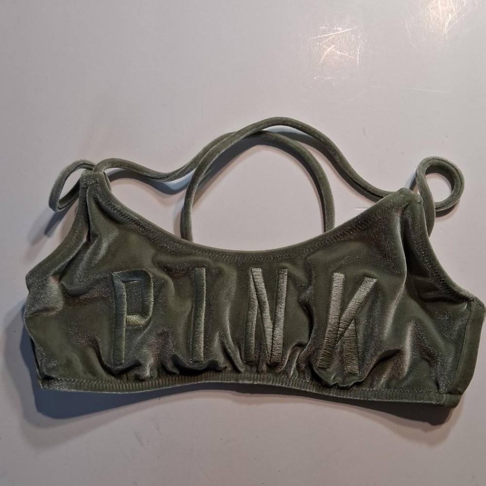 Victoria's Secret PINK green velvet‎ bra with embroidered letters on the chest